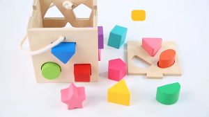 Education Wooden toys For Kids Learning Puzzle Building Block Toy Box Shape Matching Hexahedron with Graphic Cognitive Block #S1005