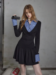 Unifree | Black Two-Piece Look Long Sleeve Rayon Plaid Patchwork Retro Waist-Cinching Dress