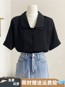 Black Shirt Womens Double-Layer Collar Stylish Niche Style All-Matching Shirt 2024 Summer New Peter Pan Collar Pure Color Tops