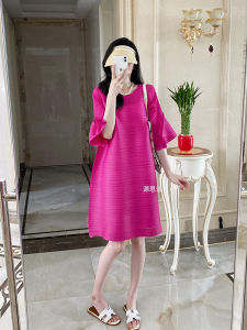 Summer Casual Pleated Midi Dress Pure Color Bell Sleeve Gathered Skirt Three Houses Youthful Polyester Fiber Five Sleeve O Type