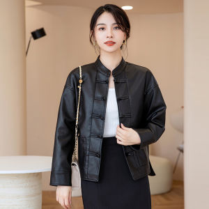 Black Button up Retro Leather Jacket Loose Casual Versatile Outerwear New Chinese Style National Trend Spring Autumn Fashion