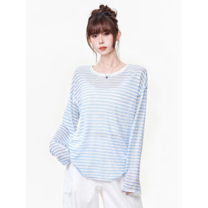 AUDISTY | Áo Blouse Chống Nắng Thoáng Khí Tencel Sọc Xanh Đèn Lồng Mùa Hè