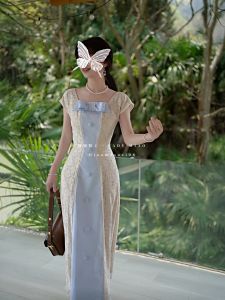 High Elasticity Blue White Butterfly Knot 3D Lace Dress Elegant mid Waist Short Sleeve Zipper Back A-Line Skirt by LADY MIAO STUDIO