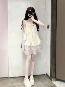 CHANGTONG | French Style Cute Fake Two-Piece Floral Halter Dress for Petite Summer Wear