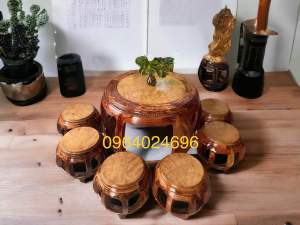 bộ bàn ghế đôn trống khung gỗ Cẩm vàng ván mặt gỗ kháo vàng