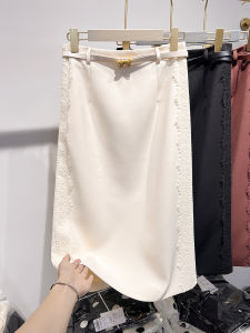 2024 New Fashion Slimming High Waist Lace Spliced Open Crotch Midlength Skirt with Belt for Women Autumn Season