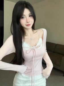 GUZILIAN | Pink Lace Splice Long Sleeve T-Shirt Womens Style One Shoulder Design Breathable Knitted Mid Waist Korean Version Slim Fit