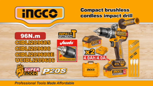 Máy khoan 3 chức năng pin 20V có búa INGCO CIDLI209686 FULL BỘ | BODY CIDLI209685 20V motor không chổi than 96Nm đầu kẹp Jacobs chính hãng