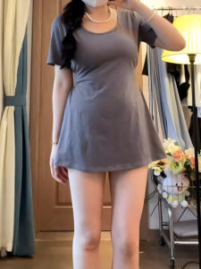 plus Size Pure Desire Large U Neck Slim Fit Short Sleeve T Shirt Womens New Summer Fat MM Waist Cinching Slimming Long Top