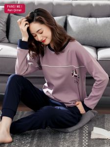 Spring Autumn Pure Cotton Long Sleeve Sleepwear Loose Comfortable Home Clothes Purple Casual Loose Fit Female Pyjamas Set