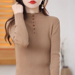 WANGGONGZHU | Slim Fit Half High Neck Knitted Base Shirt Women Autumn Winter New Fashion Pure Cotton Overhead Korean Style Long Sleeve Sweater
