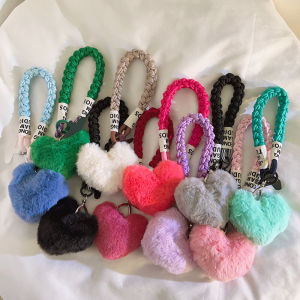 Cute Plush Heart Shaped Mobile Phone Strap Nylon Weaved Lanyard Handheld Anti-Loss Spring Autumn Winter Decoration for Students