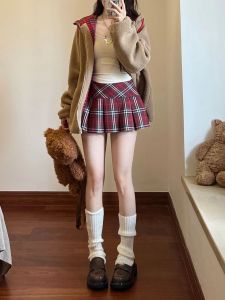 Spring Red Plaid A-Line Mini Skirt Womens plus Size High Waist Slimming Anti-Light Checkered Short Skirt Korean Style Commute