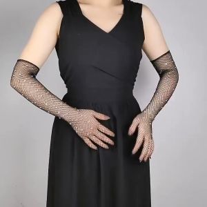 Elastic Rhinestones Mesh Gloves Full Finger Flash Fishing Net Womens Long Gloves for Dance Party