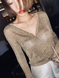 Korean V neck Single Breasted Cardigans Women Slim Casual Gold Shiny Lurex Basic Knit Coat Sweater Casaco Female 6color