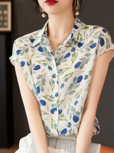 NVSHENJI | Silk Shirts Womens Short Sleeve Printed Fashionable Summer Commute Style Mulberry Silk Top Korean Version Straight Cut