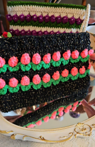 Crocheted Handmade Wristlet bag 3 d flowers and leaves black and pink pattern with crystals for gift/anniversary/birthday/wedding