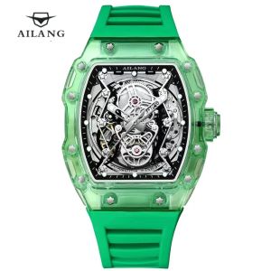AILANG | AILANG 8109 Men Tonneau Skeleton Automatic Mechanical Watch Sport Silicone Strap Hollow Luxury Male Wristwatch