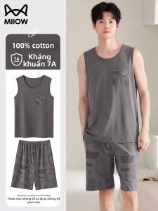 MiiOW | Bộ Đồ Ngủ Nam Cotton Thoáng Khí Áo Dài Quần Short Kích Cỡ Lớn