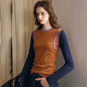 Slim Fit Retro Color Block Round Neck Long Sleeve T-Shirt with Contrast Shoulder Stripe