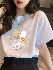 Áo Thun Nữ Tay Ngắn Cổ Tròn in Họa Tiết Mùa Hè 2025 Áo Thun Cotton Pha Polyester Thường Ngày Thời Trang Công Sở Phong Cách Hàn Quốc