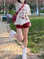 plus Size Women's Retro American Red Denim Shorts High Waist Slimming Elastic Fitting Hot Pants Spring Cotton Stretch Jeans. 