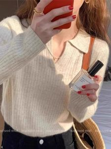 SHUQINGLAI | V-Neck Polo Knit Turtleneck Top Womens Autumn Winter Slim Fit Innerwear