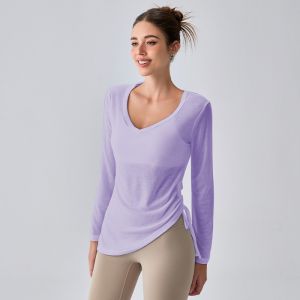 Mitaogirl Long Sleeve Mesh Yoga Fitness Clothing Loose Womens Sportswear Quick Dry Breathable T-Shirt for Gym And Yoga