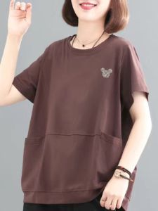 New 2025 Womens Diamond-Embedded Short-Sleeve T-Shirt Pure Cotton Casual Loose Design Summer Fashion Large Size Top