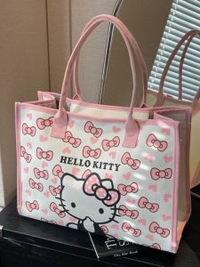 HelloKitty Canvas Tote Bag Women Large Capacity Student Single Shoulder Handbag Cute KT Cat Commuting Tote Bag Fashion Trend