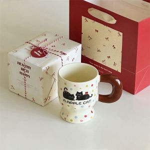 Cute round Black Cat Ceramic Water Cup Handmade Underglaze Color Breakfast Couple Gift Cup Coffee Mug Dining Utensils