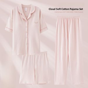 Miiow | Pure Cotton Sleepwear Set Womens Summer Short Sleeve With Chest Pad Shorts Pants Three-piece Large Size Home Clothes Set
