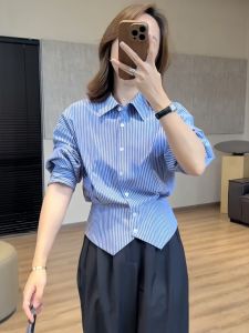 Blue Striped Long Sleeve Shirt Womens Style Slim Fit Short Length Korean Fashion Waist Cinched Early Autumn New Arrival