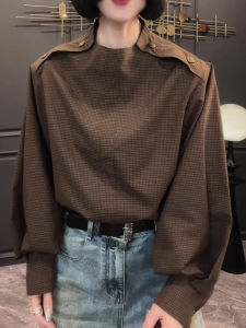 UYFY | Vintage Brown Plaid Loose Womens Base Layer Shirt