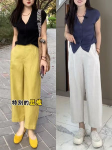 กางเกงทรงหลวมเอวสูงทรงหลวมสำหรับฤดูร้อน ผ้าลินินผสมลินินบาง ผ้าลินินบาง กางเกงทรงหลวม ทรงฮาราจูกุ ทรงหลวม ทรงหลวม ทรงหลวม