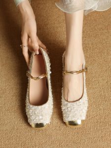 Elegant Shiny Sequin Womens Slip-On Shoes Spring 2025 Fashion Fairy Tale Style Leather Mary Janes Flat Heel Square Toe
