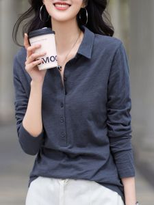 Womens Polo Collar Long Sleeve T-Shirt Pure Color Base Shirt Elegant Autumn Fashion Commute Style Loose Fit Korean Version