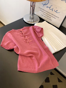 Áo Thun Tay Ngắn Màu Hồng Đỏ Thắt Nút Bướm Thiết Kế Nữ Tính Gợi Cảm Khoét Rỗng Vai Áo Len Dệt Kim Ôm Vừa Vặn Giảm Béo Giảm Tuổi