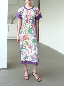 1005 One Size (45-75kg) Summer Sanzhai Pleated Graffiti Printing Slim Fit Slimming Dress