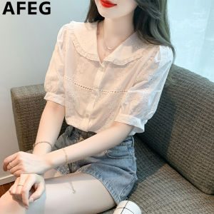AFEG new Korean version doll collar fashion loose all match embroidered short sleeve blouse
