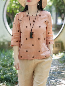 Artsy Polka Dot Cotton and Linen Three-Quarter-Length-Sleeved T-shirt Womens Summer Thin Age-Reducing Pullover Crew Neck Blouse Casual Linen Tops
