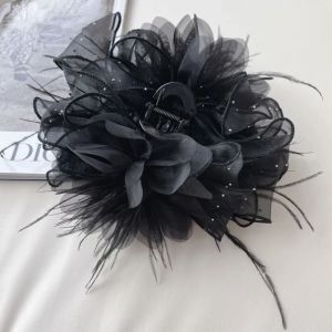 Elegant Black Feather Hair Clip Fashionable Mesh Shark Clamp Stylish Hair Accessories Versatile Hair Grips Trendy Headwear