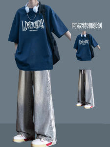 เสื้อยืดคอกลมแขนสั้นผ้าฝ้ายแท้พิมพ์ลายสำหรับฤดูร้อนสำหรับวัยรุ่นและเด็กชาย ชุดเสื้อผ้าลำลองหลวมๆ เสื้อผ้าผู้ชายสไตล์ทันสมัย