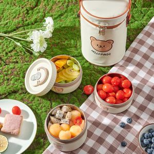 Pola Beruang Lucu 1 set Kotak Makan Siang Bento Portabel Tahan Panas Kotak Bekal Makanan Lunch Box Tempat Penyimpanan Makanan Kotak Makan Stainless Anti Bocor Tempat Makan Bulat Krim
