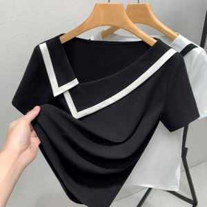 WANGGONGZHU | Fashionable French V-neck Short Sleeve T-shirt Womens Summer New Design Sensation Princess Style Commute Classic Pure Color