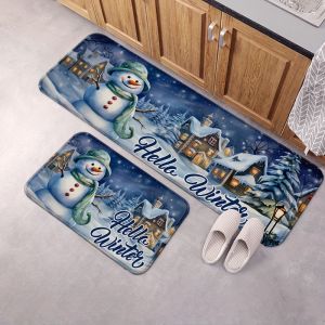 VIKAMA Snowman Winter Snow Scene Area Rug—Hello Winter Artistic Decorative Non-Slip Kitchen Runner Entryway Doormat Home Decor