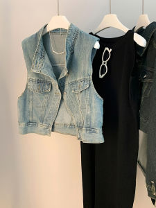 AMILUCK | Womens Short Sleeveless Denim Vest 2023 Autumn New Design Commute Style Pure Color Batwing Sleeve Single Button Casual Top