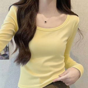 Blue Slim Fit Long Sleeve U-Neck Casual Top for Women Autumn Season Solid Color Versatile Comfortable Cotton T-Shirt