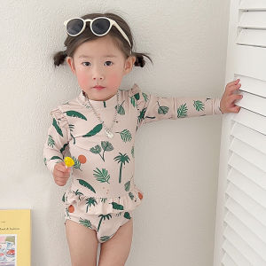 Danish Girls Swimsuit Ins Kids One-Piece Long Sleeves Sunscreen Swimwear Children Baby and Infant Girl Swimsuit
