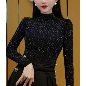 ผู้หญิง หนาขึ้น Heavy-Duty Rhinestone Half-High ปกเสื้อ เสื้อฐาน ฤดูใบไม้ผลิ 2024 สีดำ หลากหลาย พรางหุ่น เสื้อท่อนบน สไตล์การเดินทาง